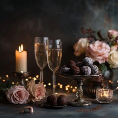 Fototapeta premium Christmas still life with champagne, roses, and candles