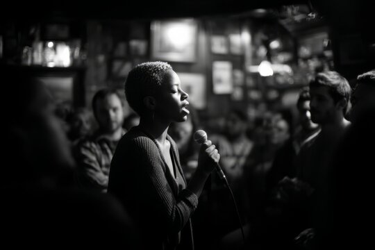  A late night poetry slam in a dimly lit café. Performers speak with passion as the crowd snaps in rhythm. The mood feels raw and expressive, Generative AI