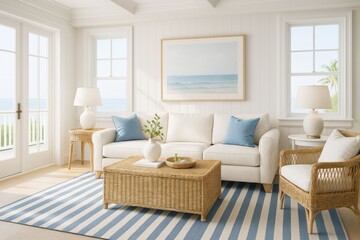 Coastal-inspired living room with white sofa, wicker furniture, and ocean view through bright windows in serene beach house interior design style. Ai generative