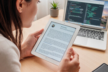 Fototapeta na wymiar Caucasian young adult woman reading digital document on tablet while sitting at desk with open laptop displaying programming code, focusing on multitasking in modern workspace