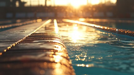 Starting block close-up with pool background, early morning light