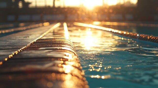 Starting block close-up with pool background, early morning light