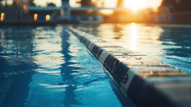 Starting block close-up with pool background, early morning light