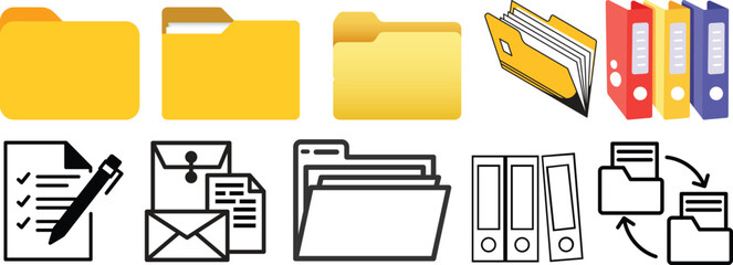 Folder icon set. Documents directory. Desktop icons. My computer PC shortcut signs. System software and devices. New eleven inspired vector illustrations.Document symbol icon for website design.