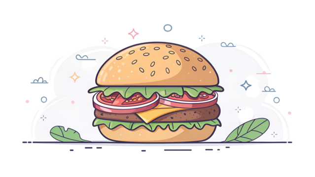 Delicious layered burger with sesame seed bun and fresh ingredients isolated on a transparent background