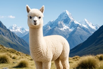 Fototapeta premium Cute fluffy alpaca standing in mountain valley with snow-capped peaks in background under clear blue sky in natural light, creative concept.. Ai generative