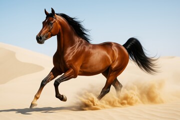 Obraz premium Majestic brown horse galloping through desert sand under clear blue sky with sunlight casting natural highlights on its glossy coat. Ai generative