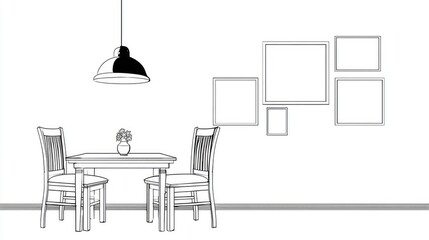 Outline drawing of a small dining area with a table and chairs.