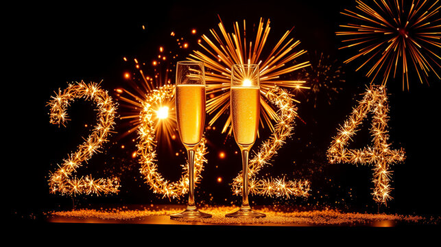 2024 new year celebration with champagne in luxury gold and sparkles and firework in dark