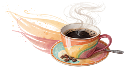 Colorful steaming coffee cup with beans and abstract splashes isolated on a transparent background