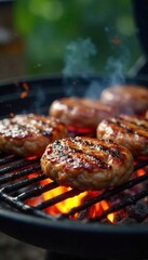 Juicy grilled burgers sizzling on a hot barbecue grill, with flames and smoke adding to the delicious scene Perfect for summer cookouts and outdoor dining , ketchup, preparation