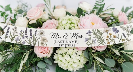 Wedding Floral Arrangement with Mr. & Mrs. Banner and Botanical Illustrations