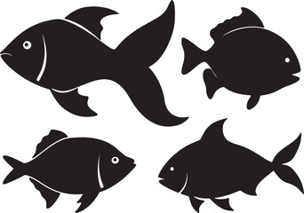 Silhouettes of four diverse fish species swimming gracefully underwater aquatic life