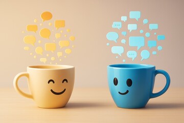 Two smiling mugs with colorful speech bubbles symbolizing conversation and communication on a light wooden surface with soft background.