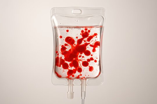 Blood transfusion: A visual representation of a blood transfusion with vibrant red blood cells suspended in clear fluid, creating a striking contrast within a sterile, medical environment. 