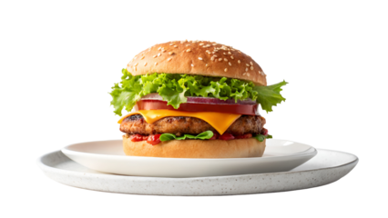 Gourmet sesame seed burger with fresh lettuce tomato onion cheese and ketchup isolated on a transparent background