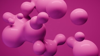 Abstract pink glossy metaball spheres in flight. Realistic render of bubbles on an isolated background.