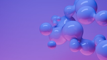 Abstract blue glossy metaball spheres in flight. Realistic render of bubbles on an isolated background.