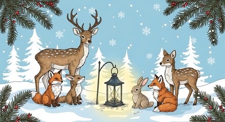 Winter woodland scene with deer, foxes, rabbit, and a lantern in a snowy forest