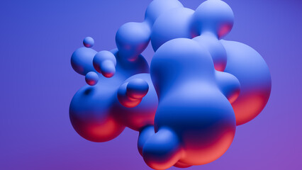 Abstract blue glossy metaball spheres in flight. Realistic render of bubbles on an isolated background.