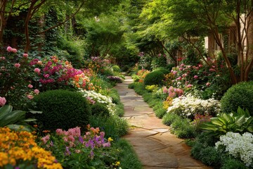 Fototapeta premium Lush vibrant garden path showcasing colorful blooming flowers and manicured greenery in a serene outdoor setting during a sunny day