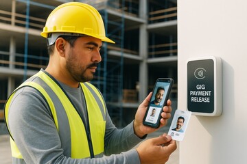 Construction worker verifying ID with smartphone and badge for gig payment release on site background using light digital access system. Ai generative