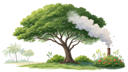 Lush green tree with billowing smoke from chimney isolated on a transparent background nature