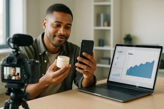 Man filming product review with camera while checking phone near laptop displaying sales chart in bright home office background. Ai generative