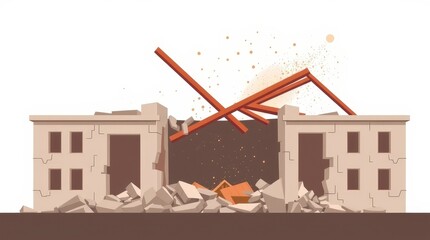 Destruction of abandoned buildings with debris and falling materials on construction site