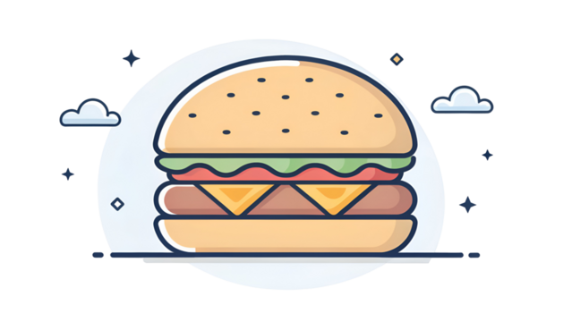 Minimalist burger illustration with clouds and stars isolated on a transparent background - Powered by Adobe
