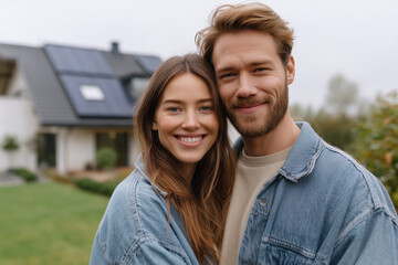 Obraz premium A young couple is smiling and posing for a picture in front of a house