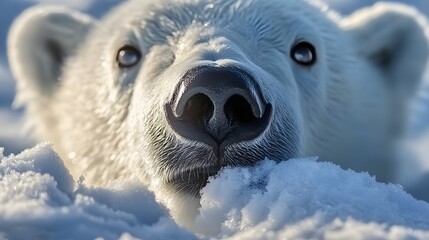 Close-up of a curious polar bear in the snow