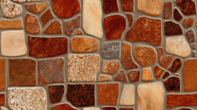 Rustic canyon stone mosaic in earthy russet and clay tones with natural irregular shapes and textures