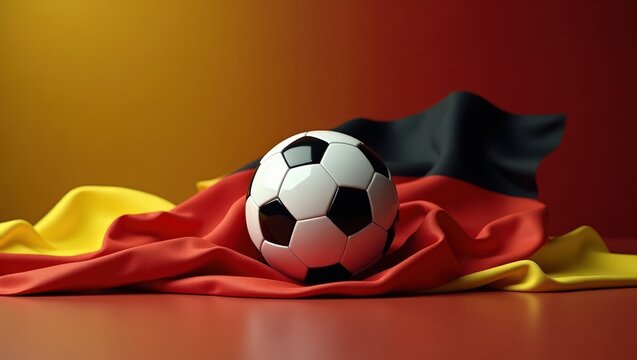 Soccer ball resting on German flag with vibrant colors in background