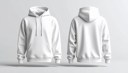 Front and back view of a blank white hoodie for apparel mockups, Minimalist white hoodie perfect for showcasing custom designs and brand logos