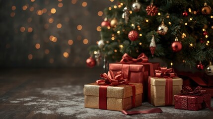 Christmas gifts wrapped in decorative paper placed beside a beautifully adorned holiday tree