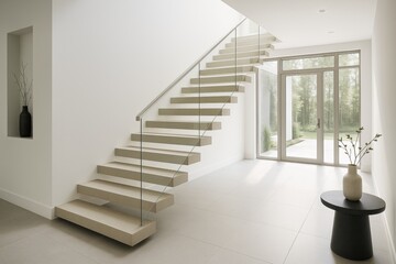 Fototapeta premium Minimalist modern staircase in bright interior with glass railing and large windows in a serene architectural space with natural light concept. Ai generative