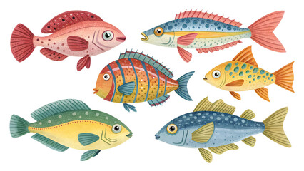 Fototapeta premium Six colorful stylized fish swimming against a black background isolated on a transparent background