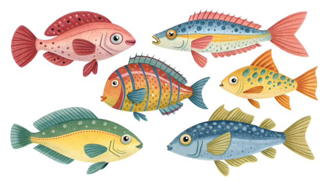 Six colorful stylized fish swimming against a black background isolated on a transparent background