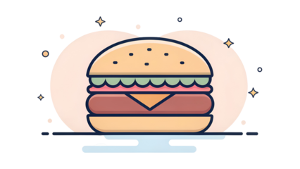Stylized burger with layered ingredients and starry background isolated on a transparent background