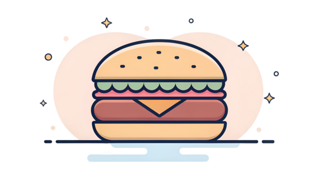 Stylized burger with layered ingredients and starry background isolated on a transparent background