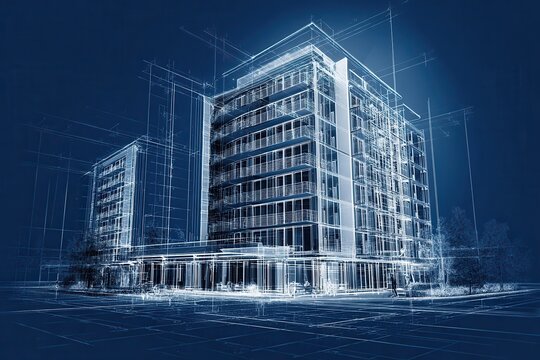 Detailed architectural blueprint design showcasing a modern building with distinct features, highlighting innovative construction elements and spatial layout, set in a futuristic urban environment
