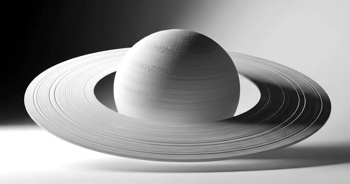 A 3D model of a planet with its iconic ring system, presented in monochromatic grayscale.