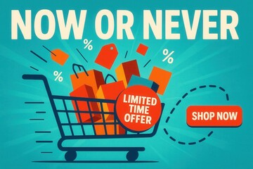 NOW OR NEVER with a LIMITED TIME OFFER shopping cart promo, vibrant retro style, engaging retail sale discount highlight.