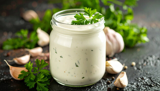 Glass jar filled with creamy homemade ranch dressing, garnished with fresh herbs and garlic cloves