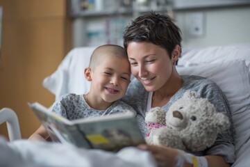 A mother reading to her child in a hospital bed. The child smiles while holding a stuffed animal. The mood feels comforting and hopeful, Generative AI