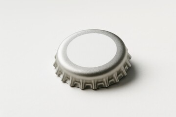 Close-up of metallic bottle cap with blank white label lying on light background in minimalist composition for branding or packaging concept. Ai generative