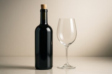 Elegant wine bottle with cork and empty wine glass placed on reflective surface against soft gradient light background. Ai generative. Ai generative
