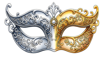 Intricate silver and gold masquerade mask with ornate designs for festive occasions