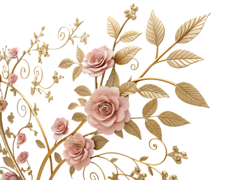 Pink roses and gold leaves ornate floral arrangement on black background image